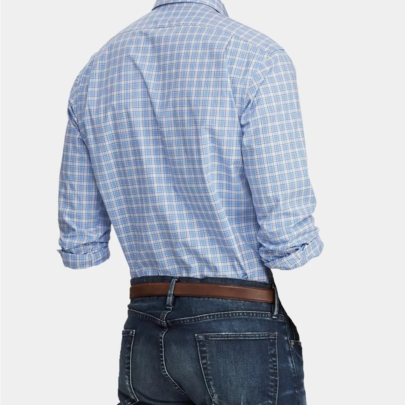 $295 Ralph Lauren Men Slim-Fit Stretch White Blue Check Dress Shirt Large - Picture 2 of 2